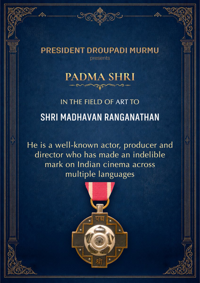 rashtrapatibhvn's tweet photo. राष्ट्रपति श्रीमती द्रौपदी मुर्मु ने श्री माधवन रंगनाथन को कला के क्षेत्र में उल्लेखनीय योगदान के लिए पद्म श्री से सम्मानित किया। श्री माधवन ने तमिल, हिंदी और अन्य भाषाओं में 75 से अधिक फिल्मों में अभिनय किया है। अपनी बहुमुखी प्रतिभा का प्रदर्शन करते हुए, उन्होंने लेखक, निर्माता और निर्देशक के रूप में भी कार्य किया है। उनके निर्देशन में बनी पहली फिल्म ‘रॉकेट्री द नंबी इफेक्ट’ ने सर्वश्रेष्ठ फीचर फिल्म के लिए राष्ट्रीय फिल्म पुरस्कार प्राप्त किया है।