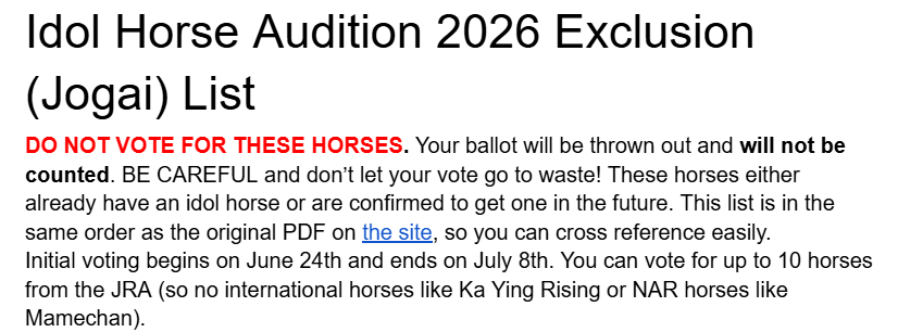 chancurre's tweet photo. for those who are looking to vote in the idol horse audition this year but don't know japanese, i took the liberty of transcribing the exclusion list so your ballot does not go to waste.
the list is available in the replies. please share this tweet around, it could save someone! https://t.co/56BIgncKP2