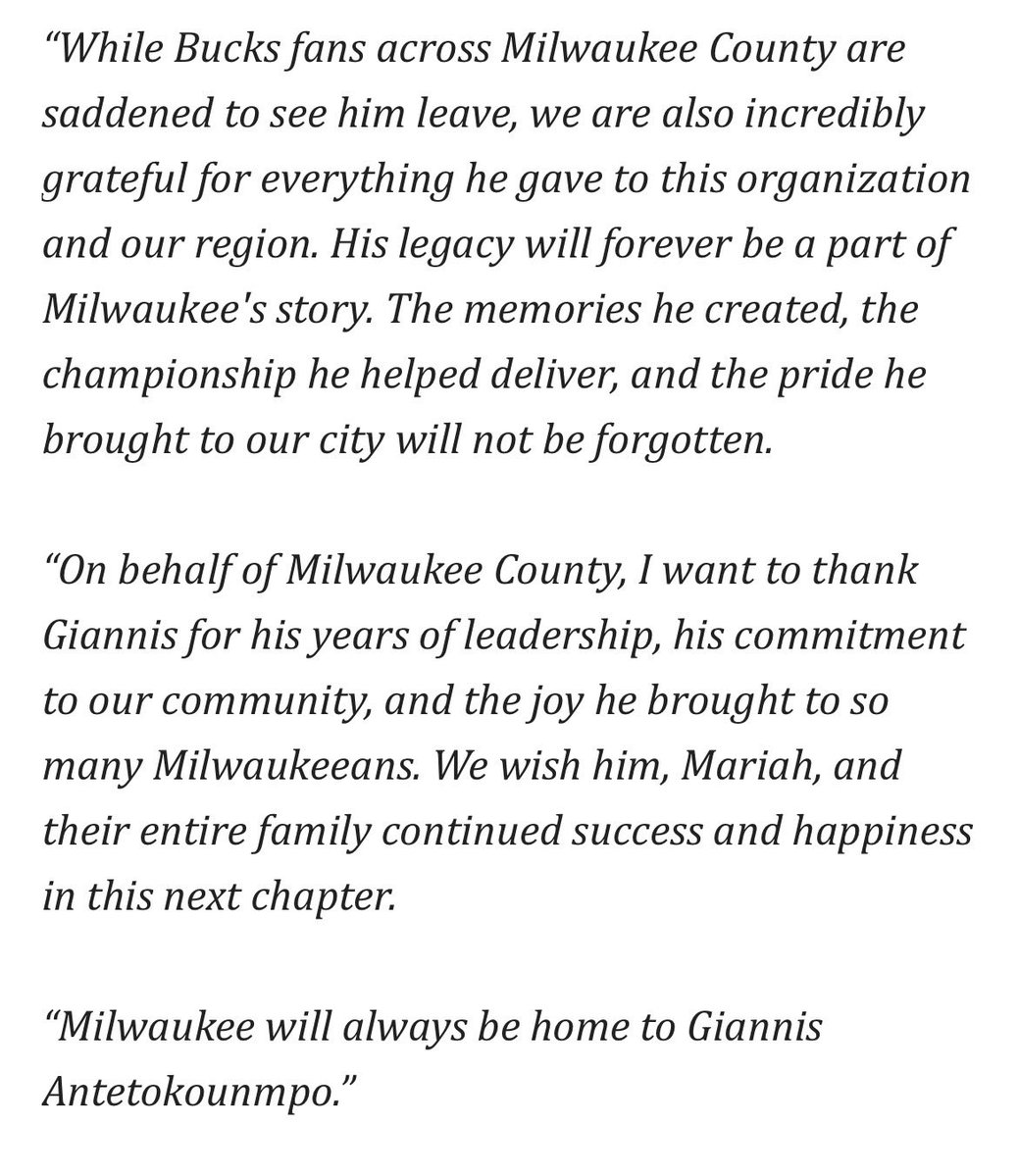 AJBayatpour's tweet photo. Milwaukee County Executive David Crowley issues a lengthy statement on Giannis’ departure, highlighting his open love for the community and the 2021 championship run.

“Milwaukee will always be home to Giannis Antetokounmpo.” https://t.co/dEolVlo4hZ