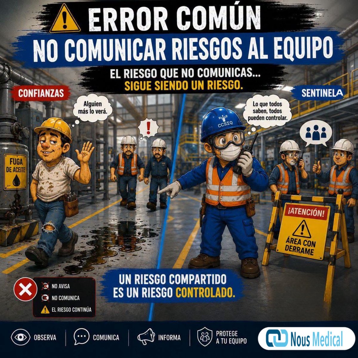 MedicalNous's tweet photo. 🚨 El riesgo más peligroso no siempre es el que vemos… sino el que no comunicamos.

En seguridad ocupacional, asumir que “alguien más lo reportará” puede convertir una pequeña condición insegura en un incidente con consecuencias para todo el equipo.

#SeguridadOcupacional https://t.co/xyfCxYuCWi