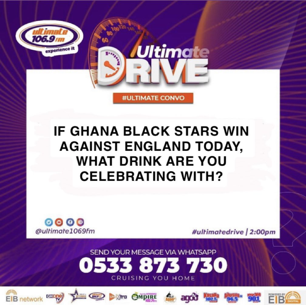 Ultimate1069fm's tweet photo. If Ghana Black Stars win against England today, what drink are you celebrating with you? Reply with #UltimateDrive
@MrBerry_Gh is seated, tap in and stay locked in! https://t.co/NK2Trulnk8