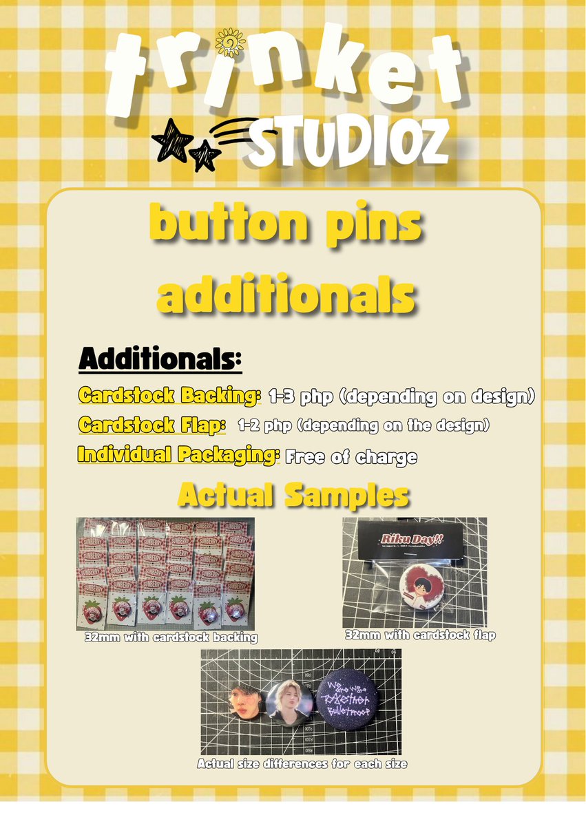 trinketstudioz's tweet photo. UPDATED BUTTON PIN PRICELIST
MOQs:
32mm - 12 PCs
44mm - 10 PCs
58mm - 6 PCs
1 pin = 1 design🆗 https://t.co/2pacmk6puO
