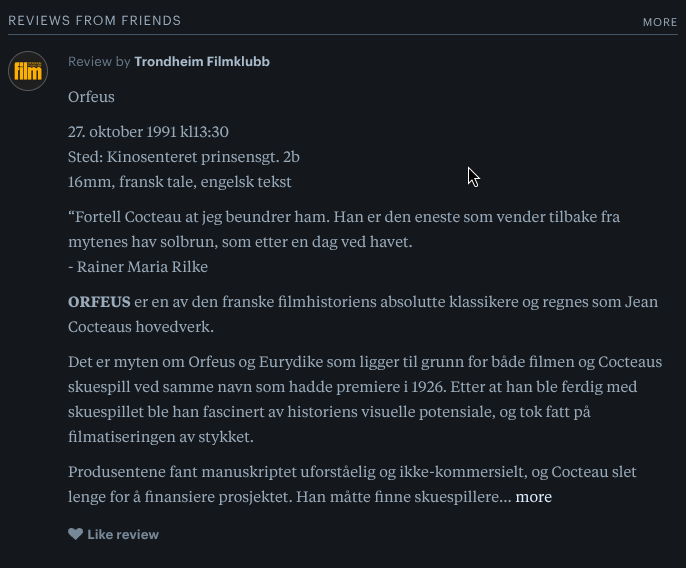 CascaConsented's tweet photo. @thatgroyper2 @sadreturns A neat trick I've done is that I follow a local film club, they post information from old screenings as reviews (with no rating), it always appears on the top before random reviews. Much more pertinent information. https://t.co/us5Z9D2jDt