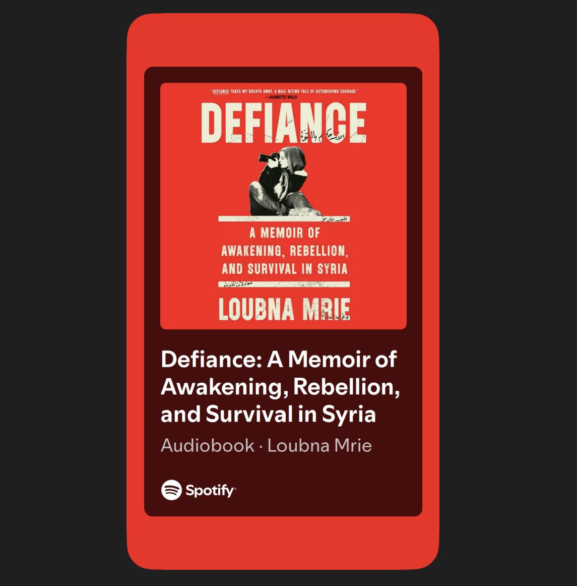 ramahodefa's tweet photo. I have just finished listening to Defiance by @Loubnamrie 

Few books have left me feeling this moved, this unsettled, and this grateful. Not because they offered perfect answers, but because they preserved the truth in all its imperfections. https://t.co/fSFOoBkdjY