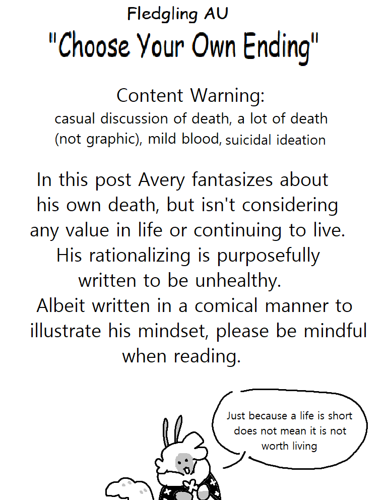 strandpeach's tweet photo. fledgling AU "Choose Your Own Ending" 
CW: casual discussion of death, a lot OF death (not graphic), mild blood, suicidal ideation
(1/5)  
#fledglingAU #averythemayo #sfawtde #d3rlord3 #alternateuniverse https://t.co/R3QgLFhBH6