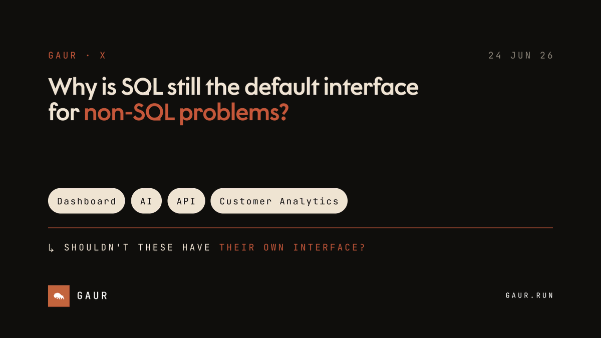 hellogaurdata's tweet photo. Dashboards are not SQL problems. Customer analytics is not a SQL problem. AI applications are not SQL problems.
So why is raw SQL still the interface?
Build analytics APIs and customer analytics with Gaur Data.
#analyticsbackend #customeranalytics #analyticsapi #ai https://t.co/a45ds8xNTe