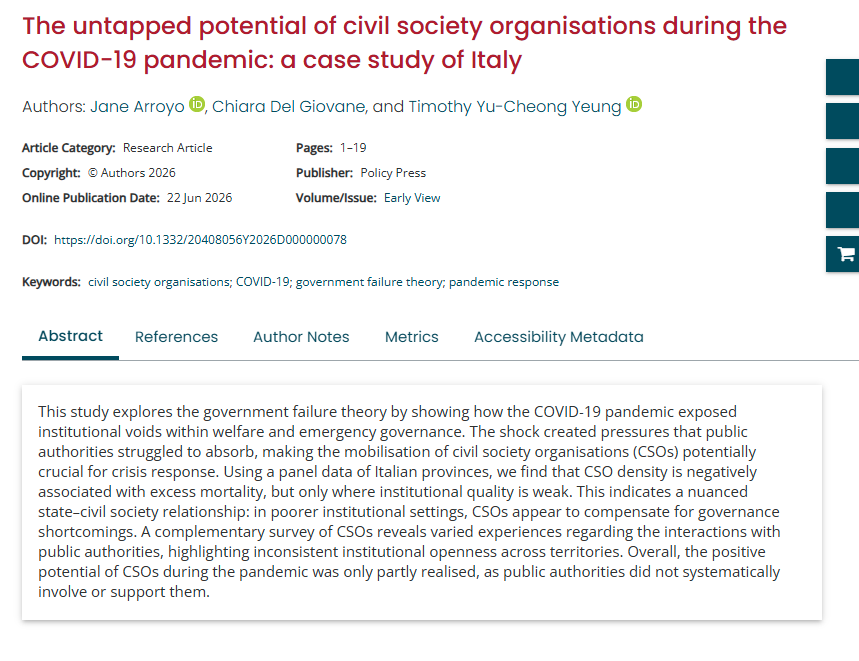 DanielPAldrich's tweet photo. New #article from Arroyo et al: The untapped potential of civil society organisations during the COVID-19 pandemic: a case study of Italy
TL;DR: CSO density is negatively associated with excess mortality, but only where institutional quality is weak.
https://t.co/59c0a387id https://t.co/E5UsximbXg
