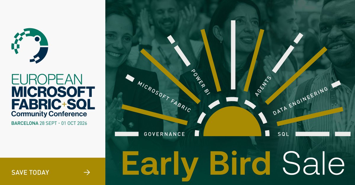EuropeanFabric's tweet photo. Looking to save on your #FabCon #SQLCon Europe ticket? Then be sure to avail of the Early Bird Sale! 
🎫 https://t.co/GS2jns8iAh
#MicrosoftFabric #SQL #SQLServer #AzureSQL #AI #PowerBI #DataEngineering #DataWarehouse #RealTimeIntelligence https://t.co/Ua0qiO2Vl4