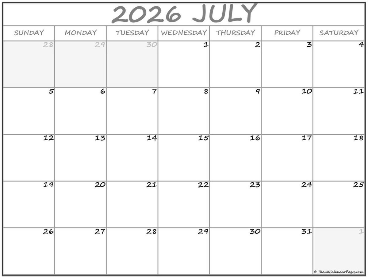 BlankCalPages's tweet photo. Today's featured calendar. Get it today at https://t.co/MYopGU1cGQ.  #freeprintables #Calendar  #July2026  #July https://t.co/03avGKFw5s