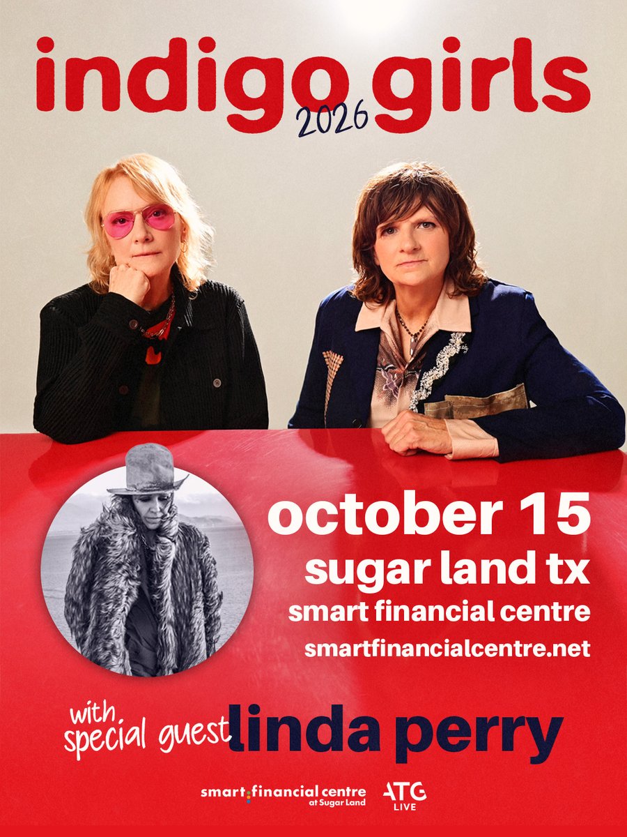 SmartLiveTX's tweet photo. 🚨 Just Announced 🚨

Grammy Award-winning duo Indigo Girls and singer-songwriter Linda Perry are coming to Smart Financial Centre on October 15, 2026

Venue Presale: July 2 at 10 AM (PW:MUSIC)
General On Sale: July 3 at 10 AM

more info at https://t.co/OswceKqTK2 https://t.co/3yXmoGwAxv