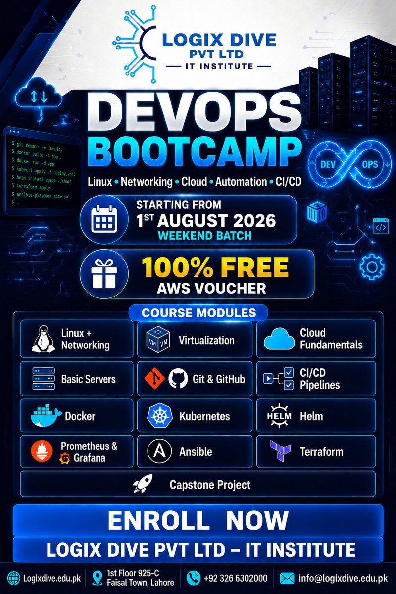 logixdive's tweet photo. DevOps Bootcamp Free AWS voucher included
Starts 1st August 2026 weekend batch
Faisal Town Lahore
Limited seats apply now
 https://t.co/MTSK17WDRp
+92 326 6302000
https://t.co/i23y6PhZ14
#DevOps #Cloud #AWS #Linux #Docker #Kubernetes #CI_CD #Terraform #Ansible https://t.co/KA4Zul4GEY