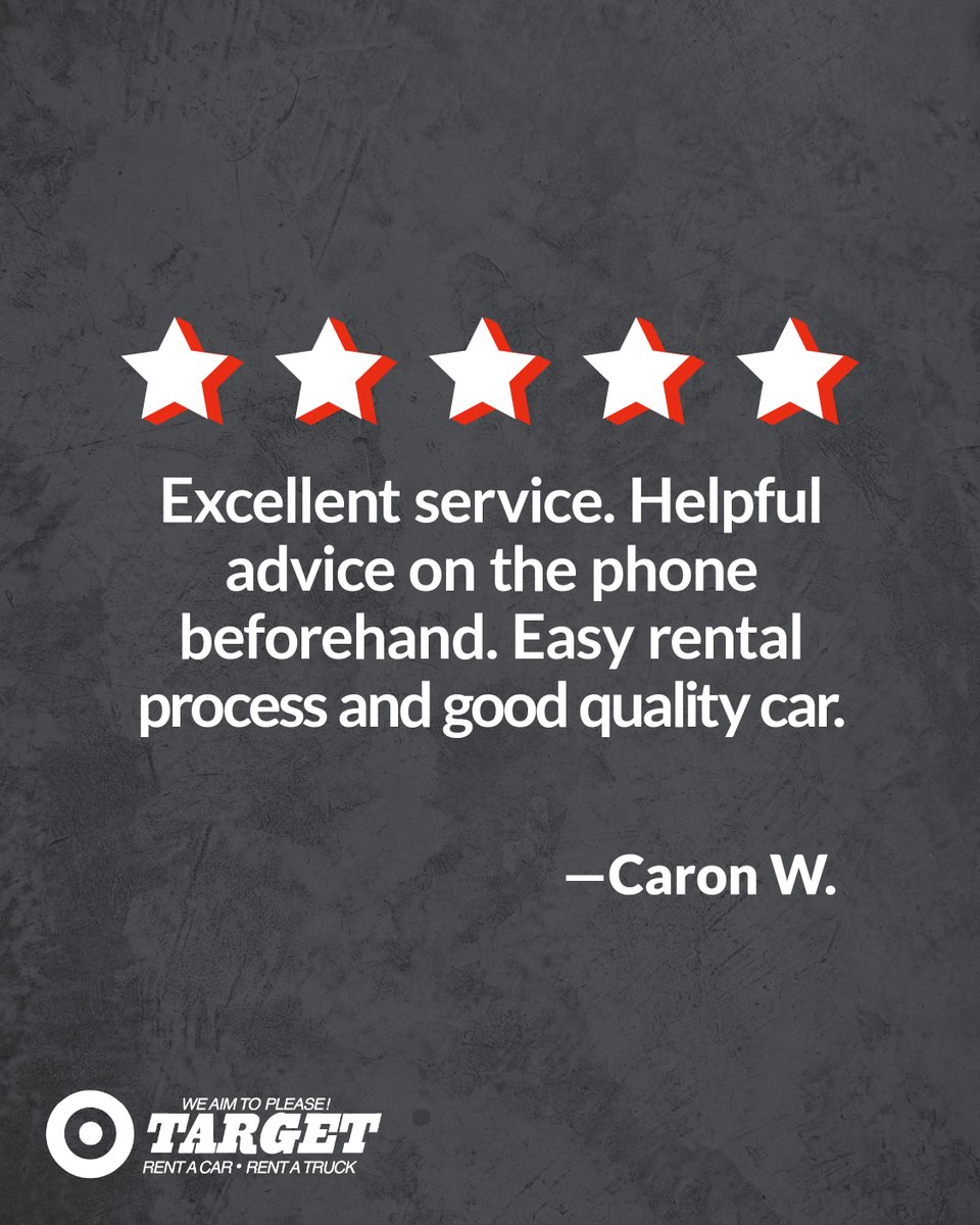 targetrac's tweet photo. ⭐⭐⭐⭐⭐ “Excellent service. Helpful advice on the phone beforehand. Easy rental process and good quality car.” - Caron W.

Read more: https://t.co/88alot7gBp https://t.co/BCID4y7F4y