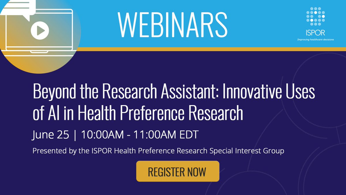 ISPORorg's tweet photo. Happening soon ⏳ 

Explore how AI is transforming health preference research—from evidence synthesis to predicting patient preferences. 

Join us this week to see what’s next. 
🔗 https://t.co/MtZPZ0dH7E https://t.co/YLLVKV7SaI