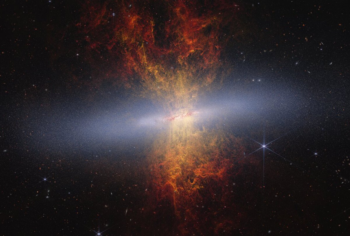 ESA_Webb's tweet photo. 🆕 Webb has pinpointed millions of stars in the Cigar Galaxy! 

The edge-on spiral galaxy Messier 82 (M82), also known as the Cigar Galaxy is a unique sight. It is undergoing tremendous star formation (thought to be the result of a galaxy merger) for a galaxy of its size and location. 1/3