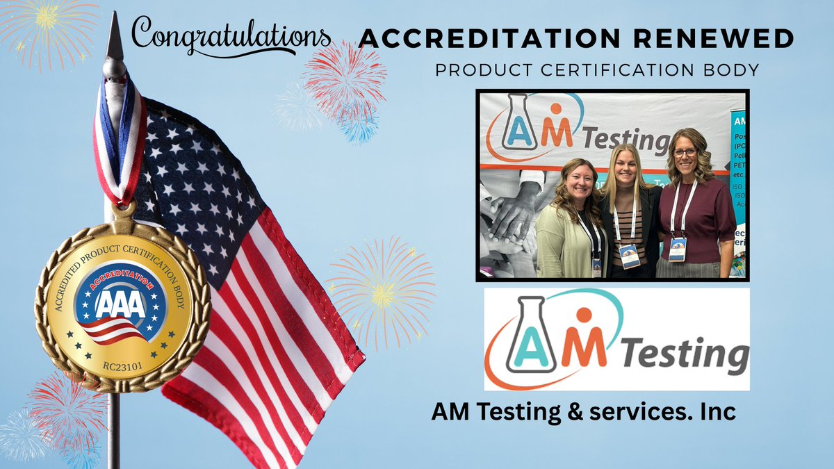AAAccreditation's tweet photo. Congratulations to AM Testing &amp; Services, Inc. on successfully renewing its AAA accreditation as a Product Certification Body

Supporting quality, compliance, and conformity assessment through reliable product certification services

Congratulations on your Accreditation Renewal! https://t.co/aCrZgkCWyJ
