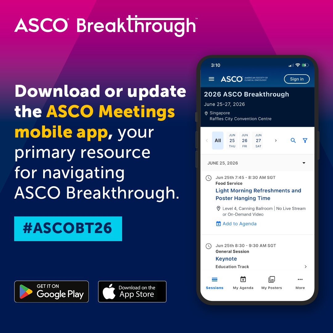ASCO's tweet photo. Use the ASCO Meetings app for #ASCOBT26 to view presentations, abstracts, posters &amp; videos and build a custom schedule—great for those attending online in another time zone! 🕑 https://t.co/8R8Ljsgs4W https://t.co/VdpqeqGqjq