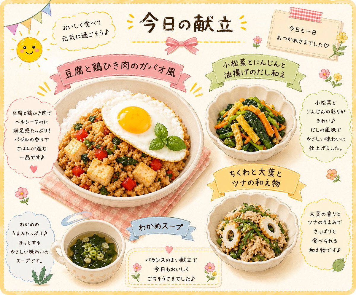 mojiri4's tweet photo. 今日の献立カードです🍽️✨

豆腐と鶏ひき肉のガパオ風をメインに、和え物とスープでほっとする晩ごはん😊

毎日豪華じゃなくても、
家族がおいしく食べてくれたらそれで花まる💮
今日も一日おつかれさまでした🌸

#献立カード
#おうちごはん
#今日の晩ごはん https://t.co/iBjScb4oa7