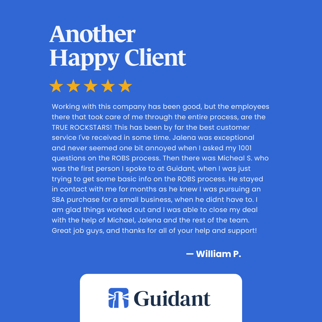 Guidant's tweet photo. Thank you to William for the kind words. Jalena brought patience and support through every ROBS question, and Michael S. stayed connected throughout the business purchase journey. We’re grateful to have helped support the deal. https://t.co/NLWbRbqSp8 https://t.co/N1eTYYGlN4