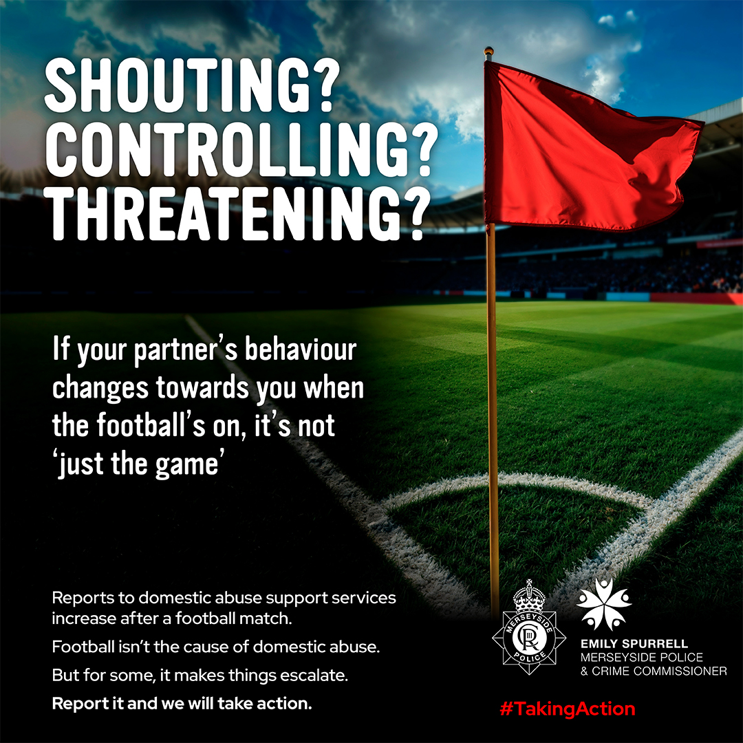 MerseyPolice's tweet photo. #WORLDCUP | Tonight, England will play Ghana in their second World Cup match ⚽

🚩 If your partner's behaviour changes towards you during or after a match, then it isn't 'just the game'.

Reports to domestic abuse support services increase after a football match.

Domestic abuse is never acceptable – and it isn’t caused by football. However, during major tournaments like the World Cup, things like increased drinking, strong emotions, financial pressures and gambling can make things escalate and increase the risk of harm for some people.

There is no excuse for domestic abuse, responsibility lies solely with the abuser.

If you’re experiencing domestic abuse or are unsure about your situation you’re not alone. Support is available, speak to someone you trust, contact a local domestic abuse support service, or report your concerns to us.