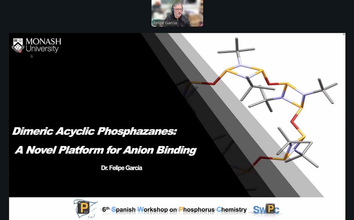 PhosChemSpain's tweet photo. It´s a pleasure to have Felipe García @FGarcia_Group from Monash University among the participants in the 6th Spanish Workshop on Phosphorus Chemistry!
He is going to speak on “Dimeric Acyclic Phosphazanes: a new platform for Anion Binding”
#SWPC2026 #PhosphorusChemistry https://t.co/vMtPLCQT6W