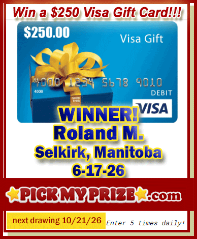 PickMyPrize's tweet photo. 🎁Congrats, $250 Visa Gift Card #Winner, Roland M. of Selkirk, Manitoba, Canada!🏆

❓What Do You Want to Win?
✔️Enter PickMyPrize today: https://t.co/uC5P6O9DEV https://t.co/GEpCjxwQhz
