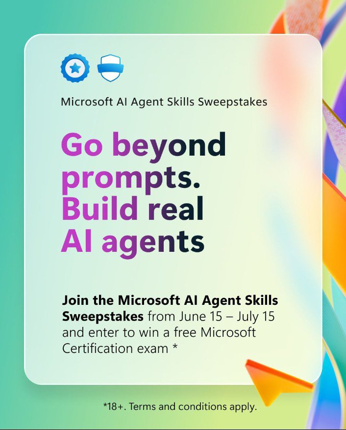 Ritikdhanotiya0's tweet photo. 🚀 Go beyond prompts. Build real AI agents.
Join the @Microsoft AI Agent Skills Sweepstakes and get a chance to earn a FREE Microsoft Certification Exam Voucher. 🎓
🔗 https://t.co/xSrpTfnPSg
#Microsoft #AIAgents #ArtificialIntelligence #MicrosoftLearn #MicrosoftCertification https://t.co/qxBi72d3GA