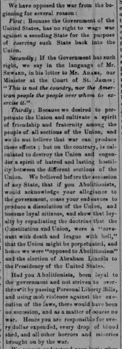 Rustyshere's tweet photo. “We have opposed the war from the beginning for several reasons:

FIRST; Because the Government of the United States has no right to wage war against a seceding State for the purpose of coercing such State back into the Union.”

Council Bluffs (IA) Bugle
1/7/1863

⬇️1️⃣ https://t.co/CCi60oail8