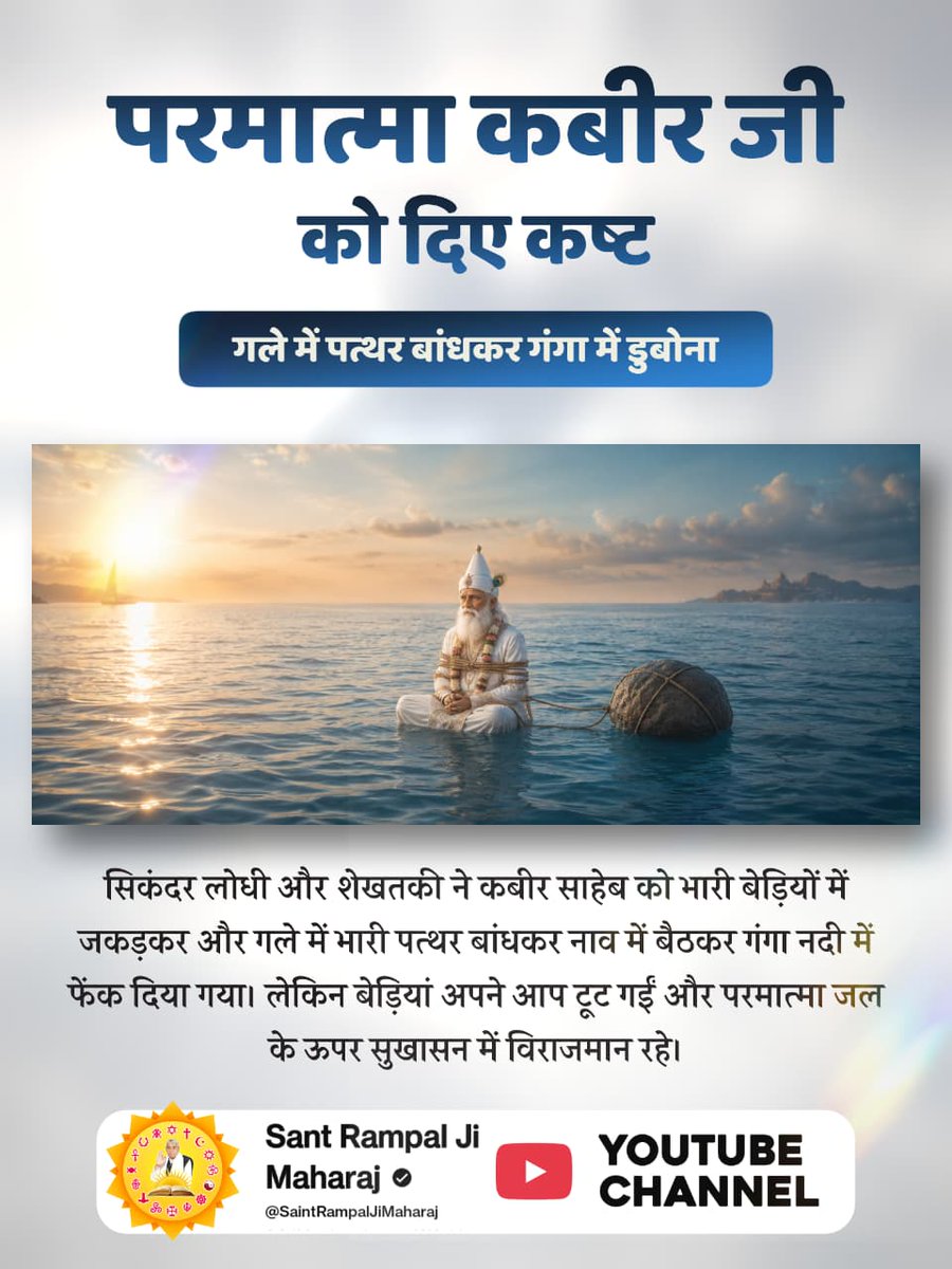 singar65655's tweet photo. #परमात्मा_पर_किये_गए_जुल्म

6Days Left Kabir Prakat Diwasगले में पत्थर बांधकर गंगा में डुबोना
सिकंदर लोधी और शेखतकी ने कबीर साहेब को भारी बेड़ियों में जकड़कर और गले में भारी पत्थर बांधकर नाव में बैठकर गंगा नदी में फेंक दिया गया। लेकिन बेड़ियां अपने आप टूट गईं और परमात्मा जल के ऊप https://t.co/eyWx3Anc6C