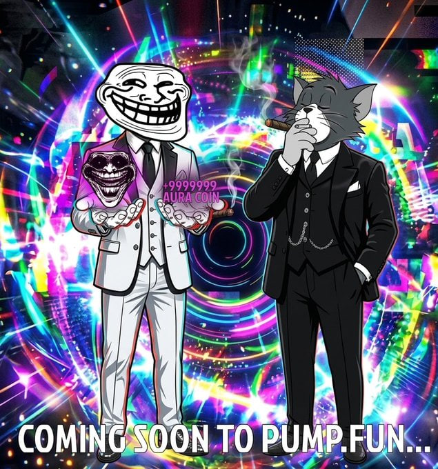 AURATROLLFACE's tweet photo. Two legends. One mission. Zero chill. 🐸 $AURATROLLFACE Launching on https://t.co/9AS5WZ54mU July 7, 2026 at 16:00 CEST  The aura was here all along. Now it's on-chain.  Full roadmap &amp; project info in the reply 👇
#CRYPTO #AuraTrollface #PumpFun #Solana #MemeCoin https://t.co/DCVcDQEebo
