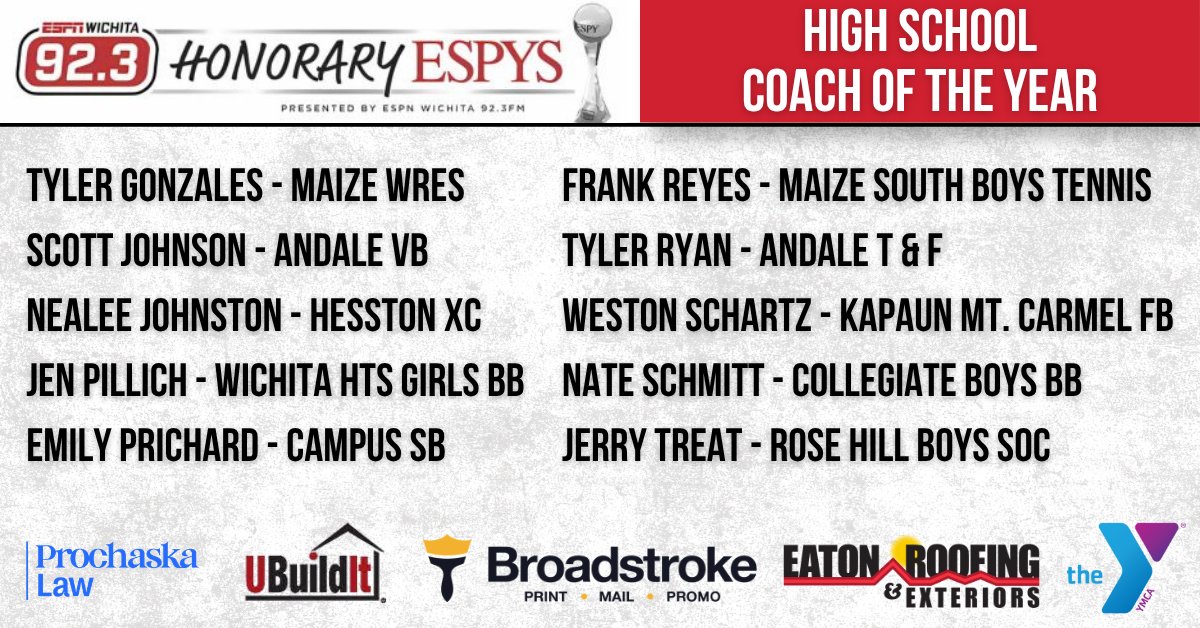 ESPNWichita's tweet photo. 🏆 HONORARY ESPYS FINALISTS 🏆

Voting is NOW OPEN for the 2026 #HonoraryESPYS finalists! Make your picks at https://t.co/7KxYFe6hkr

- High School Male/Female Athlete of the Year
- High School Team of the Year
- High School Coach of the Year
- Small College Male/Female Athlete of the Year
- Division I Male/Female Athlete of the Year

Voting closes on Friday, July 3rd! #WichitasSportsLeader #ESPYS @YMCAWichita @ProchaskaLaw @UBuilditWichita @EatonRoofing Broadstroke Inc.