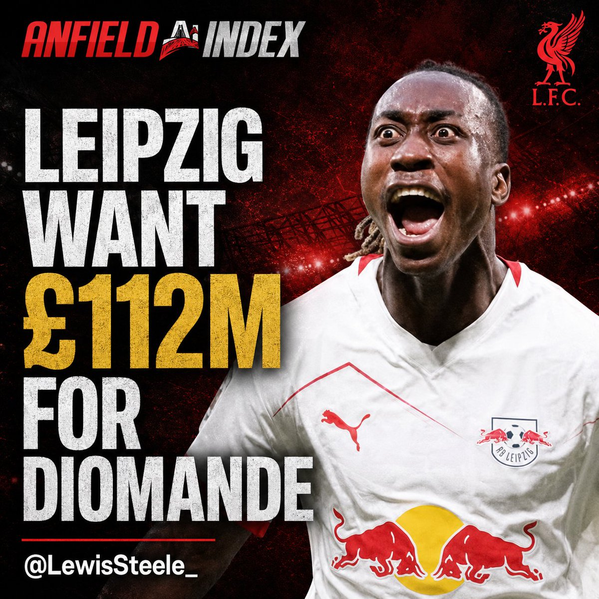AnfieldIndex's tweet photo. 🚨 @LewisSteele_: "Leipzig are sticking to their £112m valuation of Diomande."

"From the player's side, he definitely wants to move. He is frustrated that it is taking longer than anticipated."

"From the Leipzig side, there is a resignation to the fact they have to sell him." https://t.co/umHww5qrRp