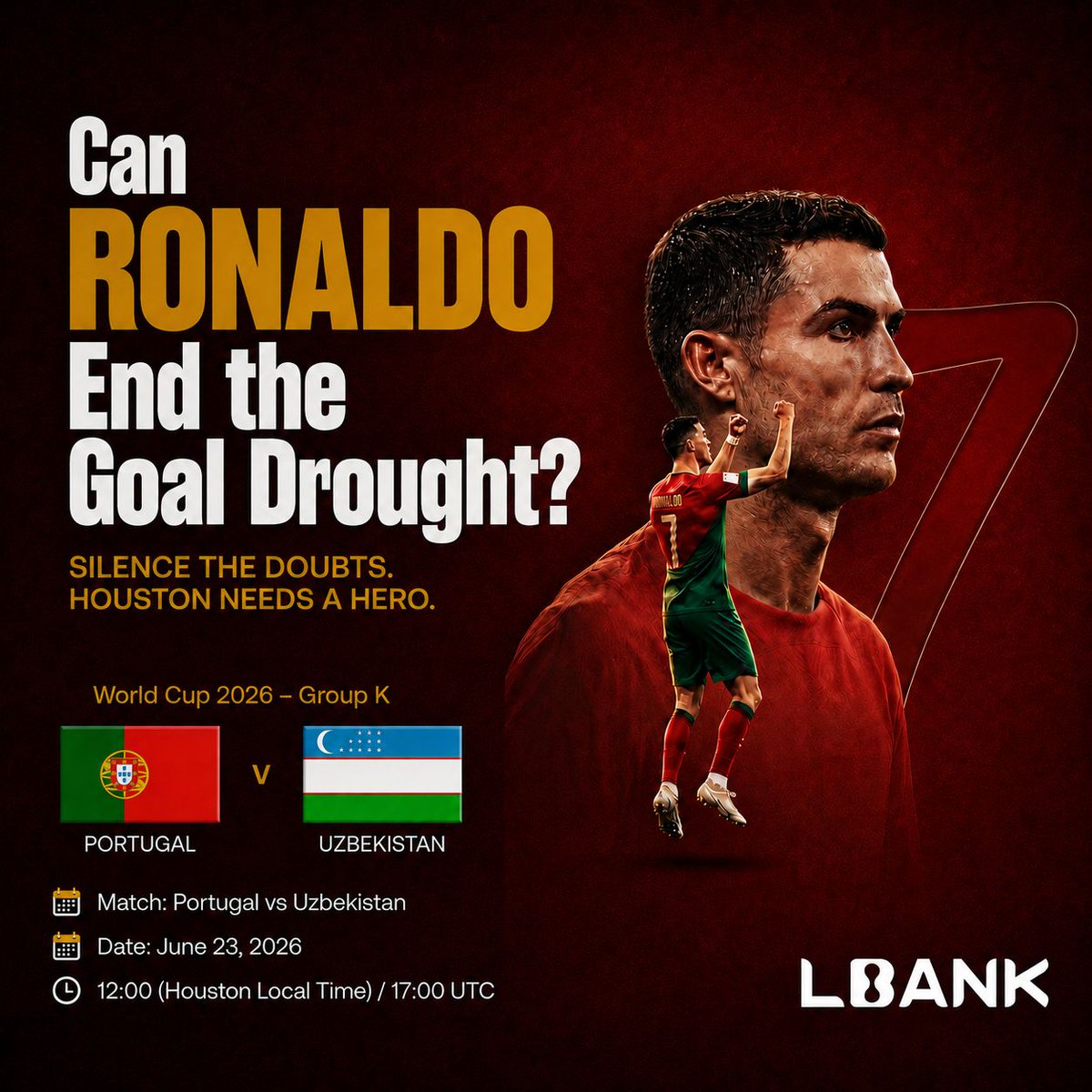 LBank_Exchange's tweet photo. RONALDO. HOUSTON. ONE QUESTION. 🇵🇹⚽

Portugal face Uzbekistan today, and all eyes are on CR7.

Can he break the goal drought when Portugal needs the moment most?

Make your call on LBank Predict 👇
https://t.co/OzvmggLDO4

#LBankPredict #WorldCup #PRTUZB https://t.co/3spjmTxGw8