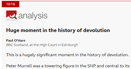 msm_monitor's tweet photo. This is the kind of exaggerated tabloid junk that has led to an erosion of trust in the BBC.

Murrell stealing money from the SNP isn't a 'hugely significant moment in the history of devolution' anymore than Labour MSP Mike Watson [now a Lord] being convicted of arson in 2005 was or the Labour embezzler in 2004 was.

Murrell had a higher profile due to his marriage, that can't be denied, but to describe it the way O'Hare has is just laughable.