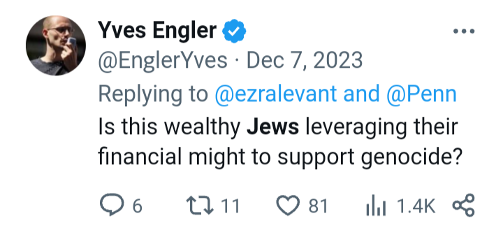 annanimiddy's tweet photo. The media has no interest in the incel's beliefs about Zionists and Jews in the same way that it had no interest in Yves Engler's beliefs when he was an NDP leadership candidate. This stuff is rampant on the Left now, and there's no interest in addressing it because of a combination of pathetic cowardice and the fact that much of the media is left wing and either agrees with it or isn't fundamentally bothered by it. 

The reporters and pundits are not going to write this stuff or repost it, but they're not going to expose or condemn it either. Many are happy that other people are expressing what they believe. Others are cowards who don't want to confront the bigots in their tent. That's all there is to it.