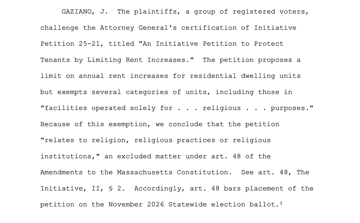 berkie1's tweet photo. 🚨The Massachusetts Supreme Judicial Court ruled this morning a proposed rent control ballot question that would have limited annual rent increases to 5% or CPI CANNOT appear on the November ballot as it's religious exemption violates the Massachusetts Constitution. https://t.co/dOqWtgBVf0