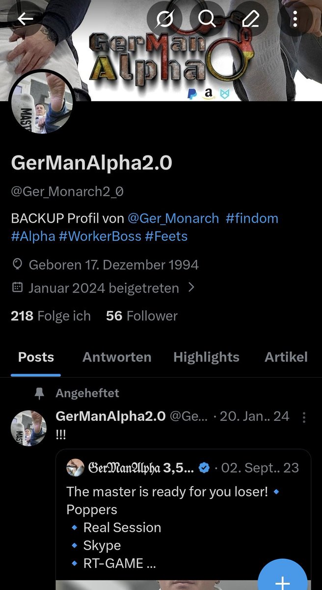 Ger_Monarch's tweet photo. Mir schreibt gerade einer dass er mein Konto,  angeblich ungewollt,  gemeldet hat. Auch mit ein paar anderen slaves.
Er hat mein Konto verwechselt. 
Also wenn nichts mehr von mir zu hören ist.
Das ist mein zweiter Account:
@Ger_Monarch2_0

#findom #cashmaster #masterAccount #GerManAlpha