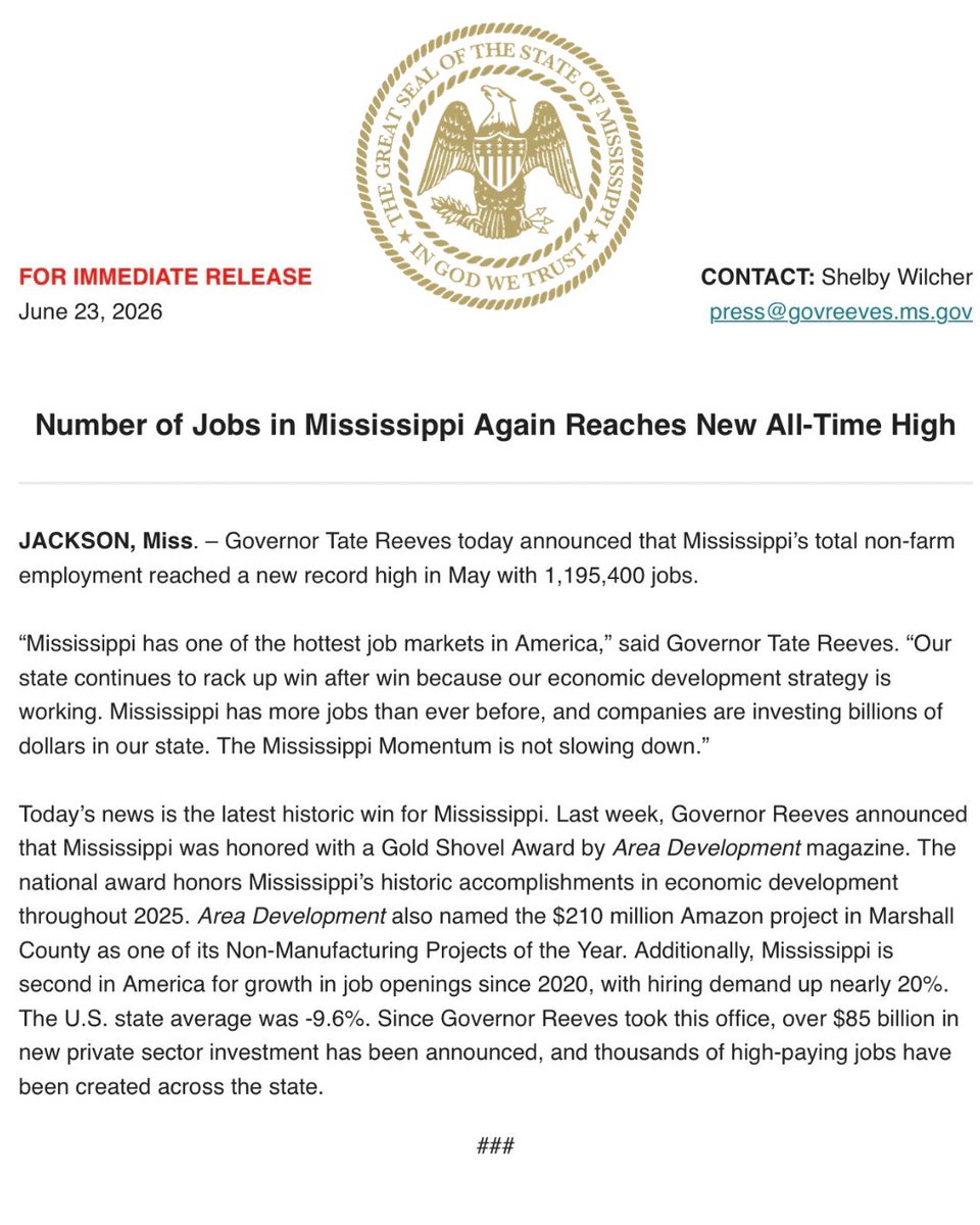 tatereeves's tweet photo. Mississippi has one of the hottest job markets in America.

Our state continues to rack up win after win because our economic development strategy is working. 

Mississippi has more jobs than ever before, and companies are investing billions of dollars in our state. 

The Mississippi Momentum is not slowing down.