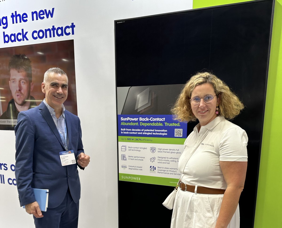 pvmagazine's tweet photo. TCL Sunpower unveils 505 W back contact PV module for residential use: The 24-7%-efficient module uses a simplified 54 half-cell shingled back-contact design with full rear-side electrical connections, which… https://t.co/G6VxMhO0bt #Photovoltaics #EnergyStorage #RenewableEnergy https://t.co/aX7wgocWoD