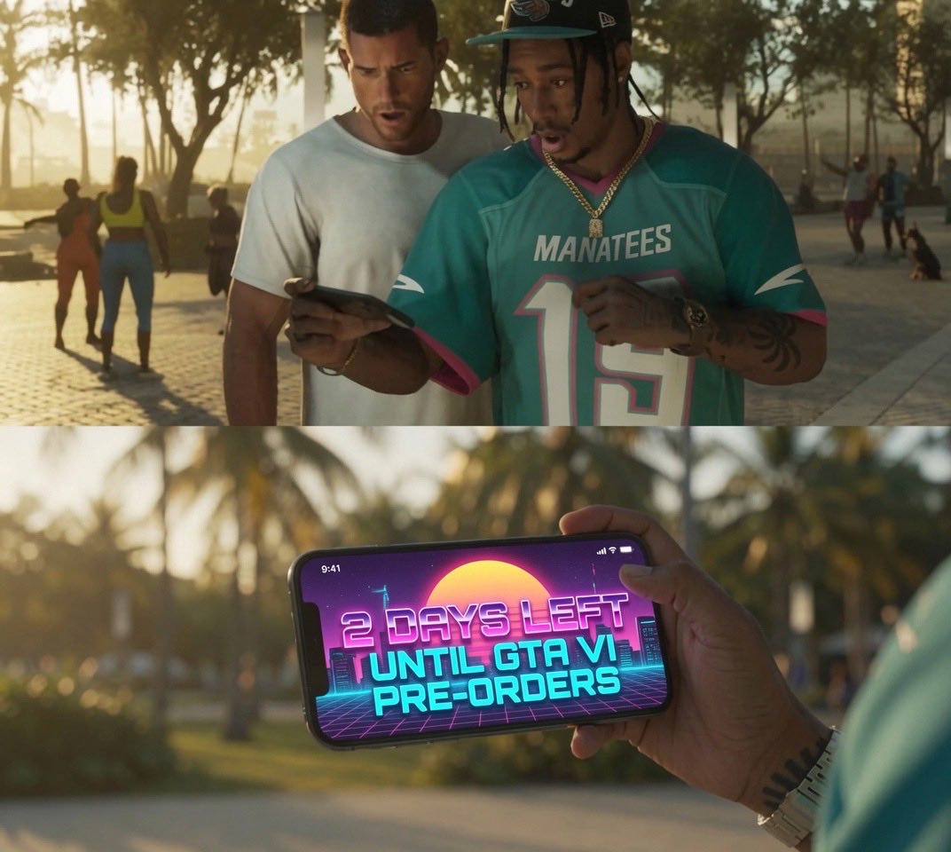 GTA6LeonidaHQ's tweet photo. Jason and Dre’Quan seeing #GTA6 pre-orders drop in 2 days like: 👀 https://t.co/sbFwRUu1jQ