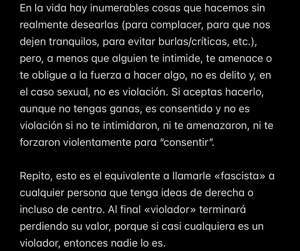 MiikeTempest's tweet photo. @Nahamie_ @honeythief_h @huesoperro_ El detalle es que sí es consentido. Podría alegar que no quería hacerlo, pero decidió ceder para complacerle, pero eso no es un delito ni es violencia.

Al igual que tomar alcohol porque te insisten mucho tus amigos no es delito, aunque lo haces a regañadientes.
Continúo👇🏼 https://t.co/zdJMeuIYEn