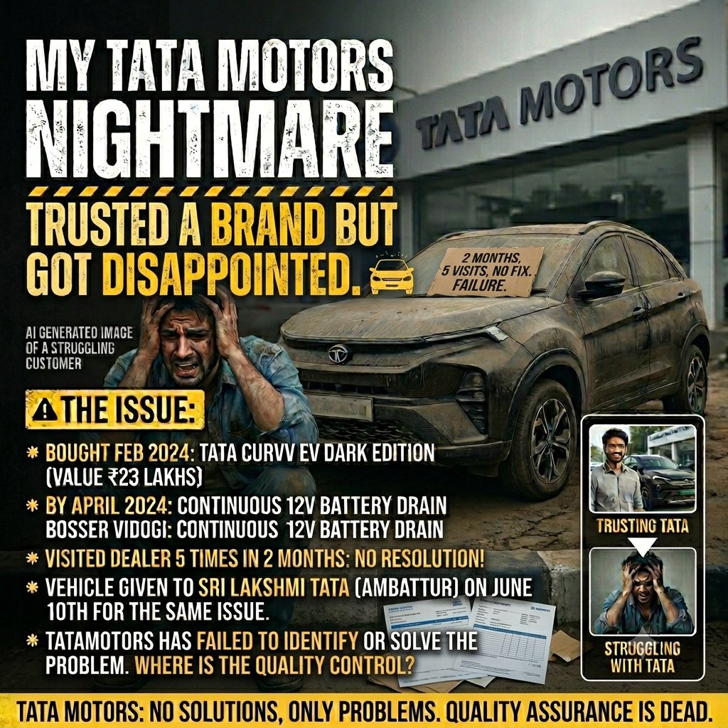Kishoreekumarrr's tweet photo. Tata Curvv EV (worth ₹23 Lakhs) stuck in the service center with a battery drain issue right after delivery. Spending hard-earned money shouldn't mean chasing service centers. Need immediate escalation and resolution! @TataMotors @TataMotors_Cars
​#BadExperience @TataCompanies https://t.co/ul3TMkqLHo