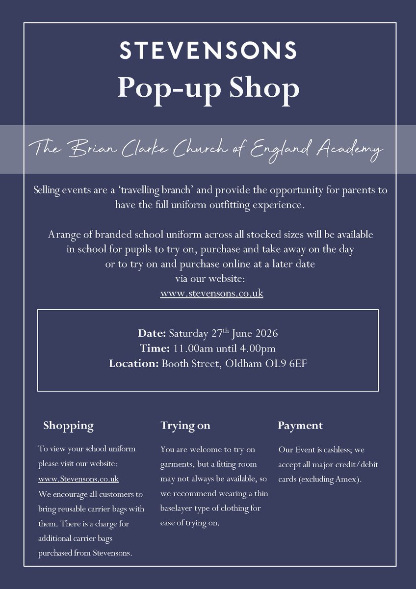 BrianClarkeAcad's tweet photo. CHANGE OF OPENING TIME - The Uniform Shop on Saturday 27 June will start at 11am and finish at 4pm This is for all year groups, including our incoming Year 7s for September 2026 (current Year 6s). https://t.co/cSpMLZSkBa
