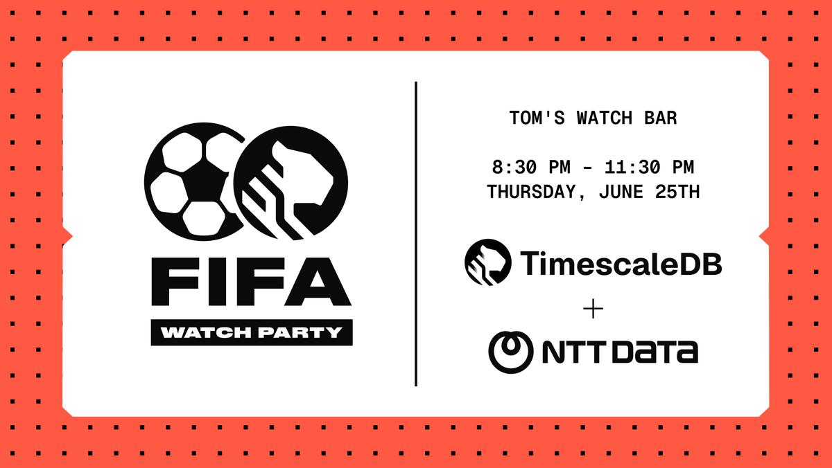 TimescaleDB's tweet photo. Watching the World Cup in Houston on June 25?

Tiger Data and @NTTDATA  are co-hosting a watch party at Tom's Watch Bar, 8:30–11:30 PM.

Data Driven attendees + anyone else in town: come through.

Register here: https://t.co/ddVNsTYaSr https://t.co/njxNu37gzw