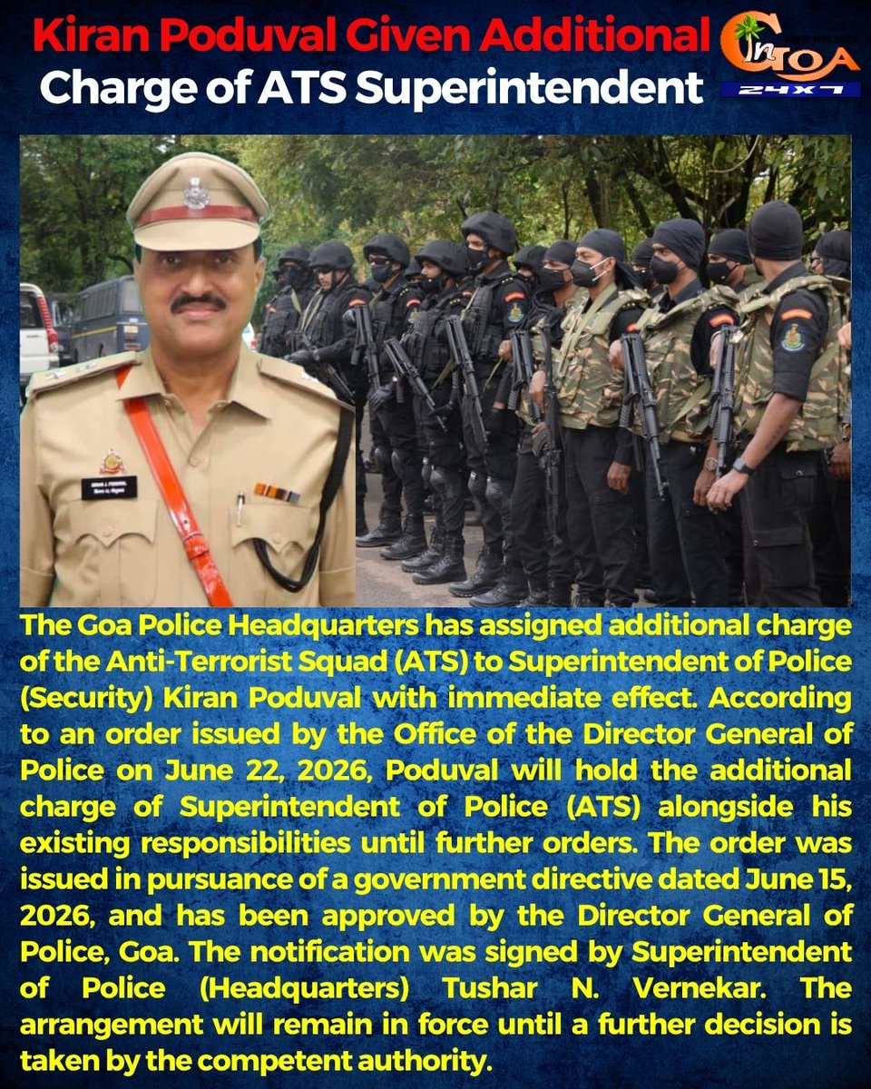 InGoa24x7's tweet photo. Kiran Poduval Given Additional Charge of ATS Superintendent
#KiranPoduval #ATS #GoaPolice #Security #GoaNews #AntiTerrorSquad #LawEnforcement #PoliceUpdate #GoaUpdates #PublicSafety #NSG #VVIPSecurity #PoliceLeadership #NewsUpdate #GoaToday https://t.co/PPLRGBGKHv
