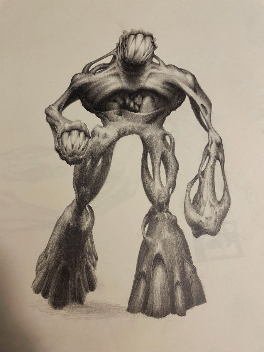romerogamesltd's tweet photo. Question we get: Does the Shambler have fur or skin? We asked Adrian Carmack. 

“It’s skin. My original shambler concept. The holes would be a gooey painted texture but even with that &amp; simplifying the form… it was too complex for an early process Quake character.“ 

#Quake https://t.co/M5MFeQh7ED