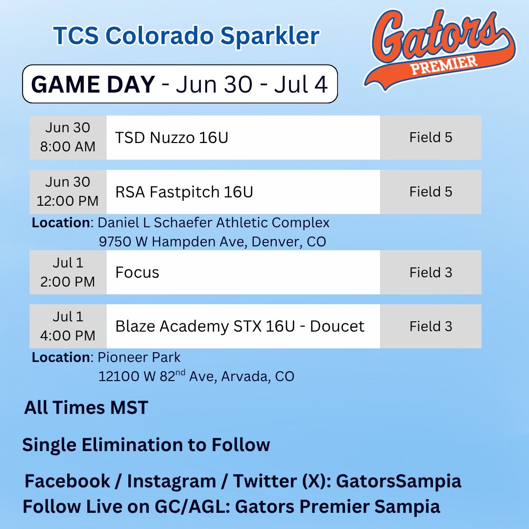 GatorsSampia's tweet photo. The girls are headed out west to Colorado this week for the Sparkler! We are proud to be a part of the Gators combine on Monday July 29 at 8am. Schedule is posted! Cakes and coffee for all the early birds! We are also so thankful to have @SaraMitchell_29 subbing with us this week.