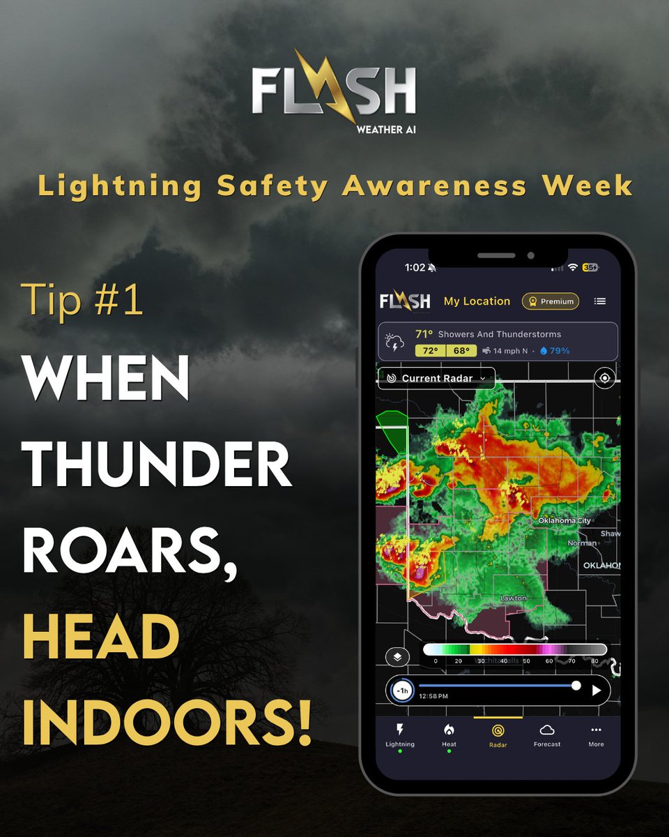 FLASHWeather_'s tweet photo. When thunder roars, head indoors!

If you can hear thunder, you're already close enough to be struck. There's no safe distance once a storm is in earshot.

Flash flips it all. You get a push alert before you hear the skies rumbling, so you're already moving to safety while everyone else is still looking up wondering if that was thunder.

Don't wait to hear it. Know before it strikes. Link in bio to download.