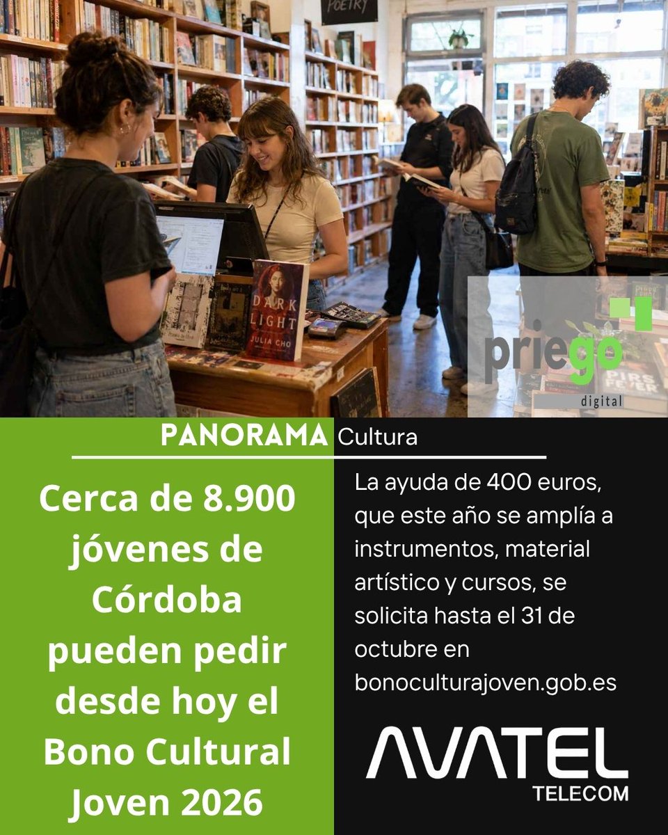 PriegoDigital's tweet photo. Cerca de 8.900 jóvenes de Córdoba pueden solicitar ya el Bono Cultural Joven 2026
👉https://t.co/6bD6Wi3y26

#Córdoba #BonoCulturalJoven #Cultura #Jóvenes #2008 https://t.co/Y9IbgL9pSB