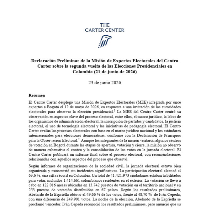 BluRadioCo's tweet photo. #EnDesarrollo La misión de observación electoral del Centro Carter informó que el sistema de gestión de resultados en Colombia tras la segunda vuelta presidencial, “demostró ser confiable, transparente y plenamente trazable”. https://t.co/I4ahZcWuY6