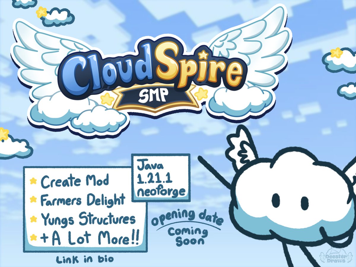 deester_draws_'s tweet photo. ~ CloudSpire SMP ~
Getting closer and closer to opening up my very own smp! Testing is getting close to being finished & a opening date is soon to be voted on in the discord!
Would love to see you there!!!
#moddedmcsmp #moddedsmp #mcsmp #cloudspiresmp https://t.co/TDfS8kaene